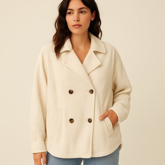 Free People Corduroy Jacket Meidum Cream Textured Oversized Double Breasted - Picture 1 of 14